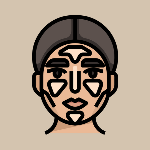 Cartoon woman with areas to apply highlighter to face - forehead, bridge of nose, cheeks, chin