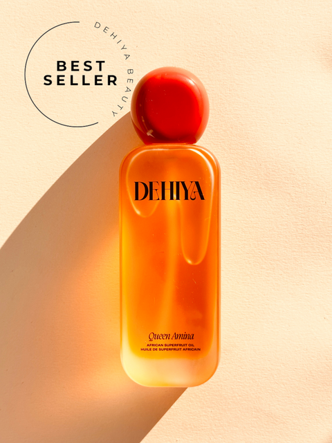 Best Seller DEHIYA Queen Amina, orange colored oil, red cap flat lay