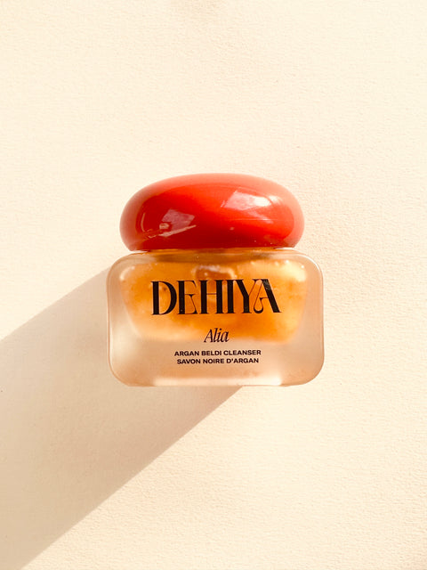 Rounded square frosted jar with red cap, DEHIYA Alia Argan Beldi Cleanser