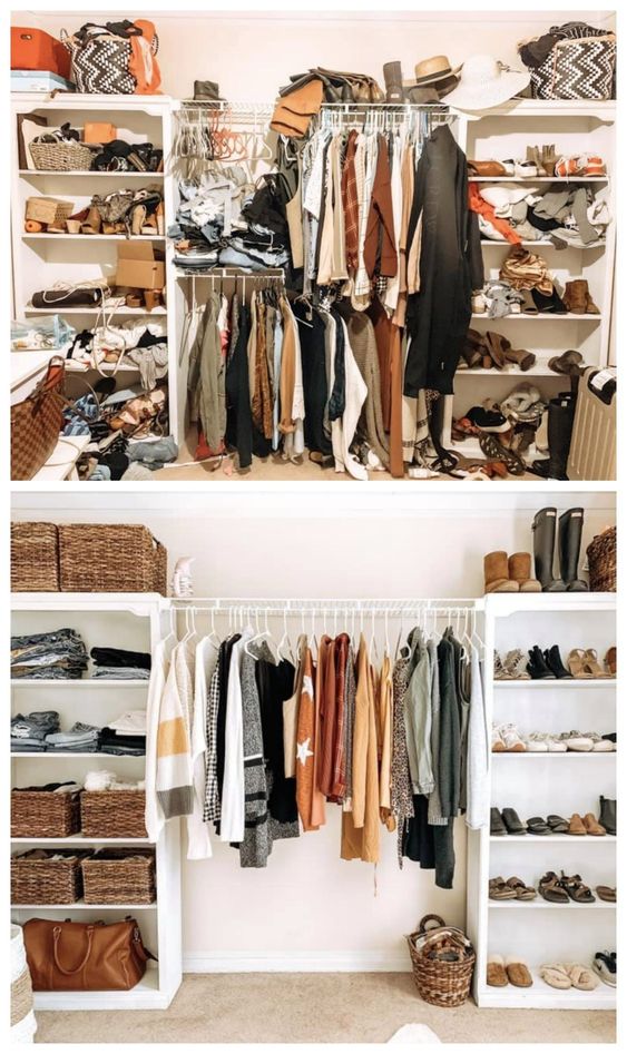 Top image cluttered closet with little organization, bottom image organized closet with baskets and everything on hangers