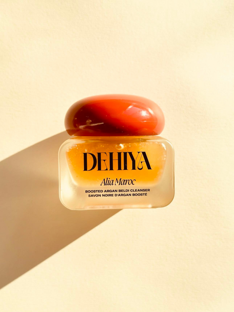 Rounded square frosted jar with red cap, DEHIYA Alia Argan Beldi Cleanser