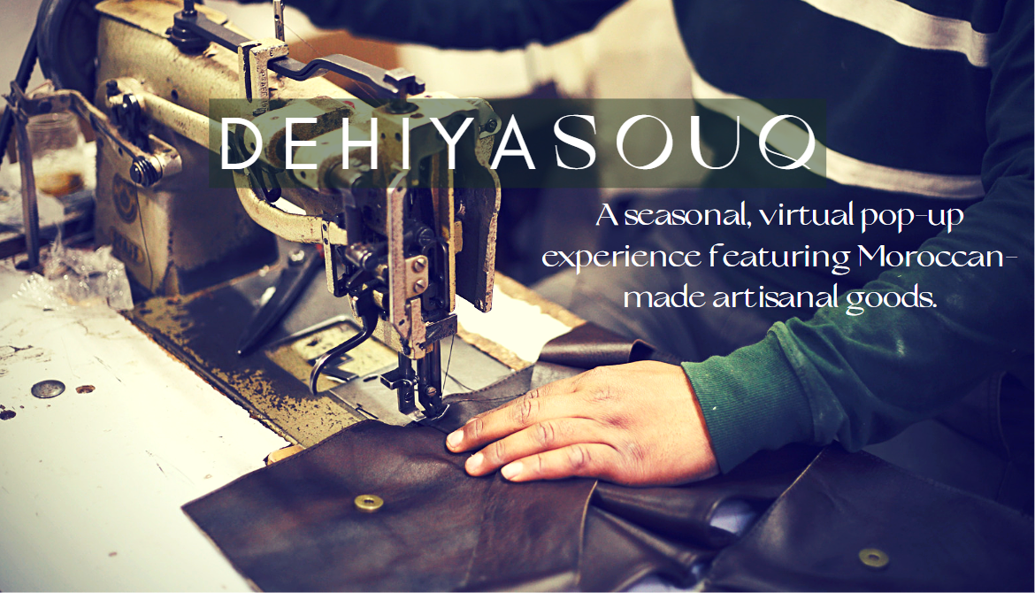 Dehiya Souq, a seasonal virtual pop-up experience featuring Moroccan made artisanal goods, Man's hand sewing leather with machine 